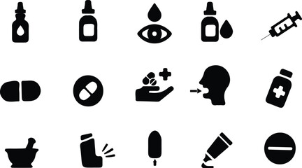 This image shows a set of medical or healthcare-related icons. The icons depict items such as eye drops, a medicine bottle, a pill, a hand holding tablets with a medical cross, and a person taking.