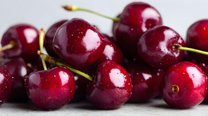 Pile of dark red fresh fruit with stems resting on a light surface