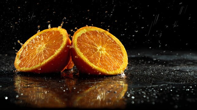 Bright citrus fruit halves exhibit dynamic water splash against a dark background