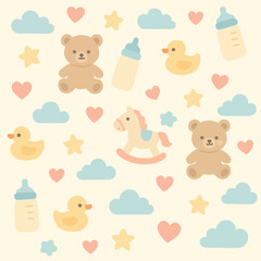 Pattern Vector Illustration of Baby Toys and Elements in Soft Pastel Colors in Organic Style