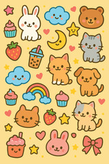 Cute Animal Vector Pattern with Cats Bunnies Bears Rainbows and Hearts in Kawaii Style for Children's Designs