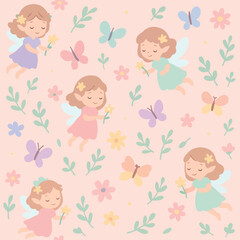 Cute Fairy Girl Vector Pattern with Flowers Butterflies in Pastel Colors in Modern Organic Style