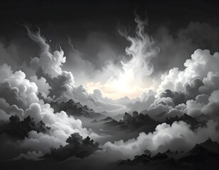 Dramatic Cloudscape Painting: Mountains and Clouds in Black and White