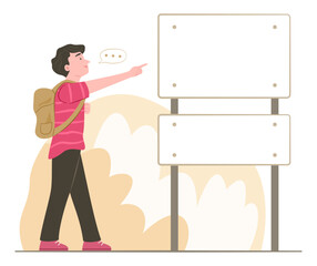Young Tourist Man Pointing the Blank Sign Board on Roadside for Copy Space Concept Illustration