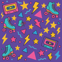 Pattern Vector Illustration with Roller Skates Cassette Tapes Stars Lightning and Geometric Shapes in Retro Color Palette