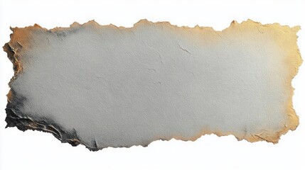 Torn and burnt paper sheet with rough edges showing discoloration from gray to brown and black