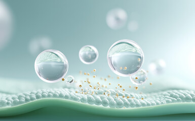 透明な美容成分カプセルが肌に浸透する3Dイメージ