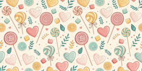 Colorful assortment of candies and sweets featuring lollipops, hearts, and citrus motifs.