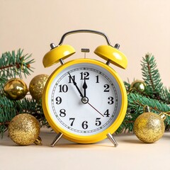 Festive yellow clock near ornaments and evergreen sprigs