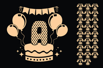 Vector decorative alphabet with birthday theme featuring cake, balloons, bunting flags, and festive elements. Perfect for greeting cards, invitations, children’s party decorations and posters