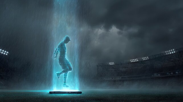 Digital athlete figure materializes from a luminous platform on a dimly lit sports field