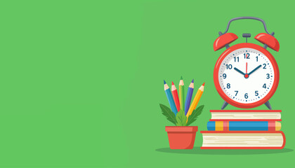 Colorful alarm clock on books with pencils plant, educational study time theme
