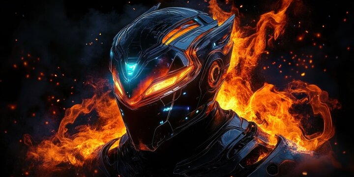 futuristic armored robotic warrior with glowing orange eyes and blue chest light engulfed in fiery flames and smoke in a dark background