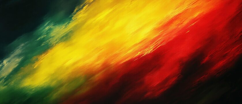 Abstract painting with dynamic brush strokes blending green, yellow, and red colors creating a vibrant and energetic mood