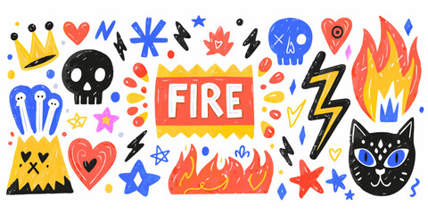 Vibrant hand drawn doodle elements featuring fire skulls hearts lightning bolts and a cat