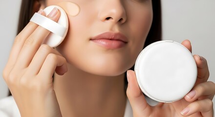 Close-up of a young woman applying face foundation or powder with a white makeup puff from a compact.