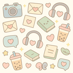 Minimalist Vector Pattern with Love Theme Featuring Envelopes Books Headphones Bubble Tea and Hearts in Soft Pastel Colors