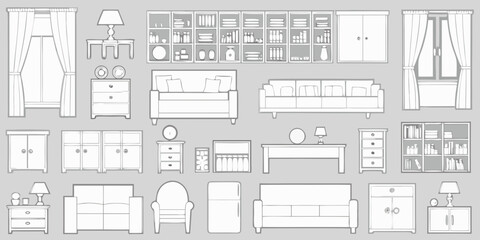 Collection of hand drawn line art furniture and home decor items on a gray background