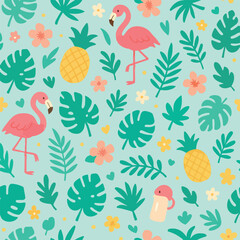 Tropical Flamingo Pattern Vector Illustration with Pineapples and Floral Elements in Vibrant Color Scheme
