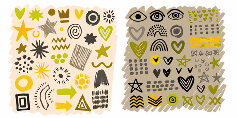 Collection of hand drawn abstract shapes and symbols in earthy tones with yellow accents