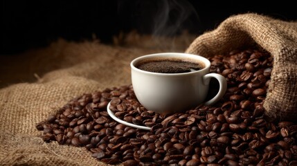 A white mug filled with black coffee, placed on a pile of coffee beans on a burlap sack.