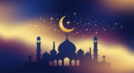 Silhouette of majestic mosque against a starry, swirling twilight sky with crescent moon