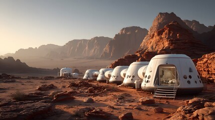 Series of futuristic modular habitats sit under the warm glow of a setting sun in a vast arid landscape