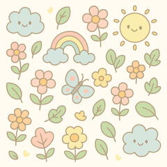 Whimsical Floral Vector Pattern with Smiling Clouds Sun Rainbow Butterflies in Pastel Colors Modern Organic Style