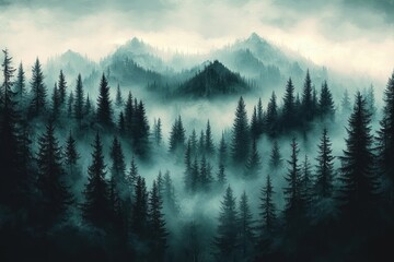 Fototapeta premium Misty dense forest with tall pine trees covering rolling mountain peaks under a cloudy sky, evoking a mysterious and tranquil atmosphere