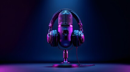 Professional microphone and over ear headphones illuminated with vibrant neon lighting