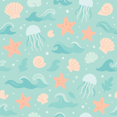 Minimalist Ocean Theme Vector Pattern with Starfish Jellyfish Shells and Waves in Soft Pastel Colors