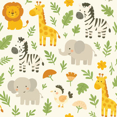 Children's Jungle Animal Vector Pattern with Playful Elephants Giraffes Zebras and Birds in Organic Style