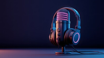 Professional audio recording equipment featuring a microphone and over ear headphones illuminated with neon light
