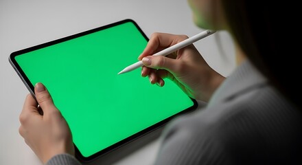 Close-up of a person's hands using a stylus on a tablet with a green screen display.