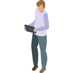 Man Standing Holding Tablet Computer Wearing Light Purple Sweater and Dark Gray Pants Casual Outfit Isolated on White Background Studio Shot Isometric View