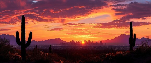 Sunset over a desert landscape with silhouetted cacti and a city skyline framed by distant mountain ranges under a vibrant orange and purple sky