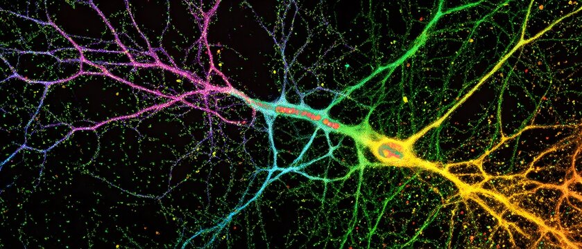 Neuron network glows with vibrant rainbow colors against a dark background.
