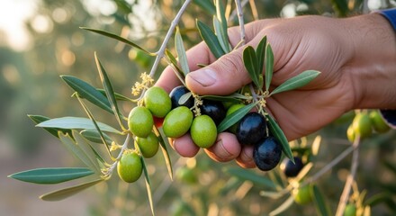 Hand plucking olives from a branch with vibrant green and dark fruit