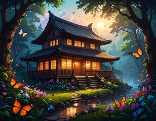 Serene forest home by a stream at sunset