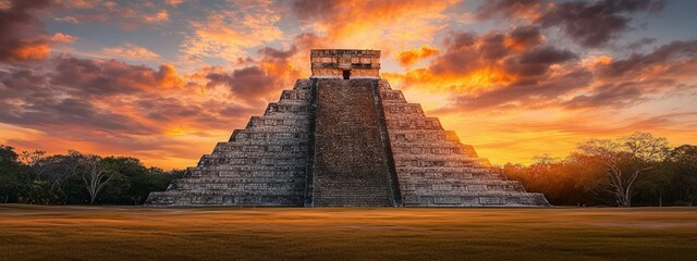 Ancient stepped stone pyramid under a dramatic colorful sunset sky with scattered clouds and surrounding trees