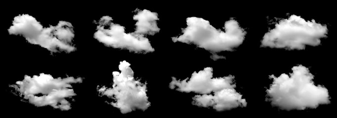 Collection of realistic white clouds isolated on black background, perfect for digital compositing,...