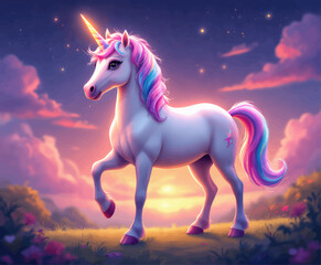 Naklejka premium Colorful unicorn with rainbow mane standing in magical sunset field