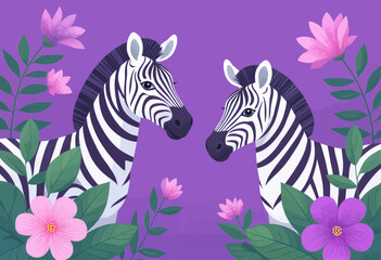Colorful zebra couple among pink flowers, flat vector illustration, purple background