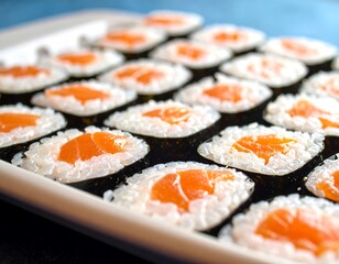 Fresh Sushi Rolls with Salmon on a Serving Plate, Delicious Japanese Cuisine