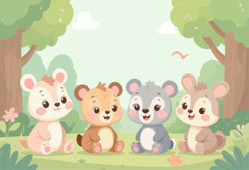 Obraz premium Cute cartoon bears sitting together in forest, playful animal friends illustration