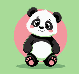 Cute cartoon panda with rosy cheeks sitting on green background isolated