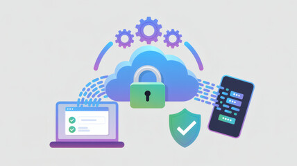 Digital security and cloud computing concept with a locked cloud laptop smartphone and shield icon illustrating data protection and online safety