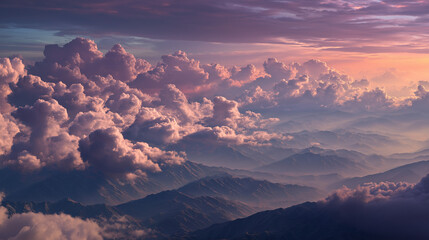 Dramatic sunset over mountainous clouds scenic landscape digital art serene environment aerial view nature's beauty