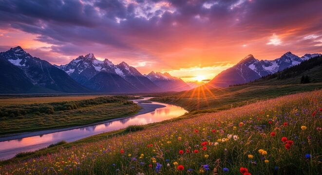 Sunset over a meadow with wildflowers and a river, with mountains in the background.