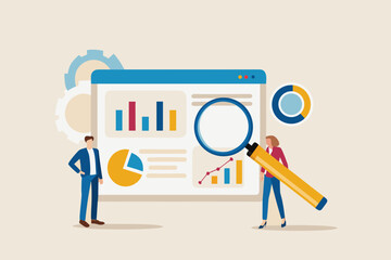 Business professionals analyzing financial data charts and graphs on a digital screen with a magnifying glass